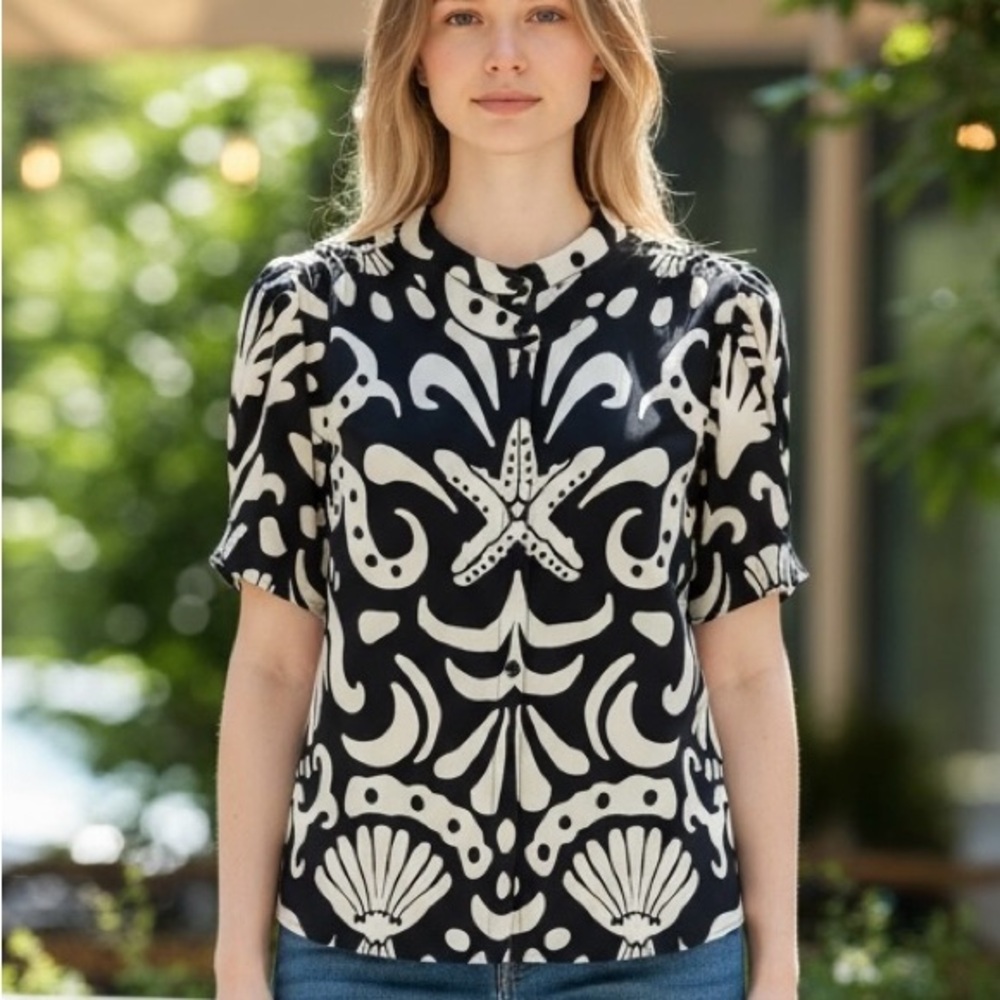 Alex Marie Navy & White Ocean- Print Blouse